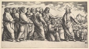 Chrystus stojący po lewej wskazujący na stado owiec, przed nim klęka św. Piotr św..., 1530-60. autorstwa Master of the Die