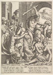 Zazdrość lub skąpstwo po prawej wypędzane ze świątyni Muz przez Herkulesa, który ..., 1530-60. autorstwa Master of the Die