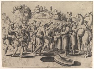 Józef pośrodku sprzedawany przez braci stojących nad studnią, po prawej wielbłądy, 1533. autorstwa Master of the Die