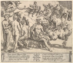 Jowisz spadający z powozu po prawej, Ganimedes w postaci orła..., 1530-60. autorstwa Master of the Die
