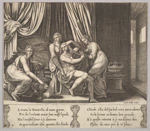 Tablica 10: nimfy pomagające Psyche ubierać włosy, z „Bajki o Psyche”, 1530-60. autorstwa Master of the Die