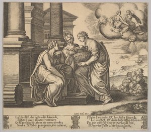 Płyta 11: Psyche daje prezenty swoim siostrom, z „Bajki o Psyche”, 1530-60. autorstwa Master of the Die