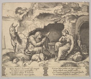Ilustracja 1: Apulejusz zamieniony w osła słuchającego opowieści staruszki sp..., 1520-70. autorstwa Master of the Die