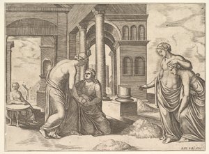 Płyta 22: Wenus nakazuje Psyche sortowanie kupy zboża, z „Bajki o Psyche”, 1530-60. autorstwa Master of the Die