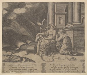Ilustracja 27: Proserpina daje Psyche pudełko piękna z „Bajki o Kupidyna i Psyche”, 1530-60. autorstwa Master of the Die
