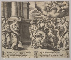Ilustracja 2: ludzie oddający boskie honory Psyche, z „Bajki o Psyche”, 1530-60. autorstwa Master of the Die