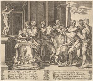 Ilustracja 4: Ojciec Psyche konsultujący się z wyrocznią, z „Bajki o Psyche”, 1530-60. autorstwa Master of the Die