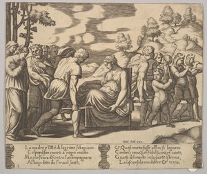 Płyta 5: Psyche niesiona na lektyce na górę, z „Bajki o Psyche”, 1530-60. autorstwa Master of the Die