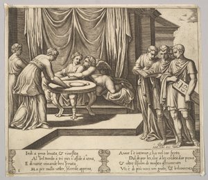 Obrazek 8: Psyche siedząca przy stole w towarzystwie niewidzialnych sług, Eros obok g..., 1530-60. autorstwa Master of the Die
