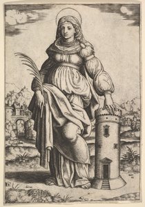Święta Barbara stojąca z dłonią w prawej ręce, lewą opartą o wieżę, 1530-60.