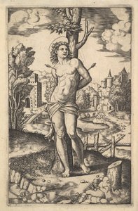 Św. Sebastian przywiązany do drzewa przebitego strzałami, 1530-60.