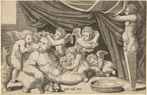 Lustro rzymskiej wspaniałości: Bachus otoczony przez Putti z Priapusem trzymającym ..., XVI wiek. autorstwa Master of the Die