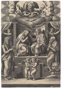 Koronacja Najświętszej Marii Panny, na dole po lewej stronie św. Jan Chrzciciel, na dole po prawej..., 1530-60. autorstwa Master of the Die
