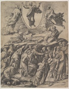 Przemienienie Chrystusa, które pojawia się na górze pośrodku, pod nim różne postacie m.in., 1530-60. autorstwa Master of the Die
