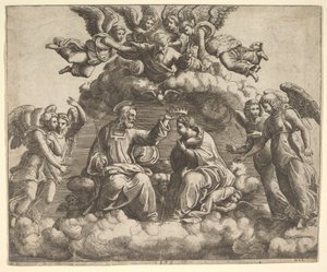 Koronacja Dziewicy, Chrystus trzymający koronę nad głową, Bóg Ojciec błogosławi..., 1532. autorstwa Master of the Die