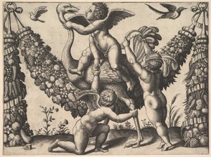 Trzy putta przed dużą girlandą, w środku dosiada strusia, z..., ca. 1530-40. autorstwa Master of the Die