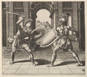 Dwóch gladiatorów walczących przed łukiem, 1530-60. autorstwa Master of the Die
