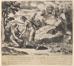 Wenus nakazuje Psyche nabranie wody z fontanny strzeżonej przez smoki, z „Bajki..., 1530-60. autorstwa Master of the Die