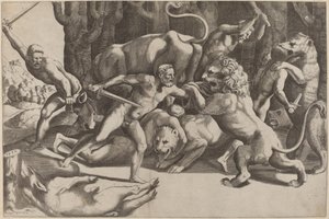 Pięciu mężczyzn walczących z bestiami autorstwa Master of the Die after Giulio Romano