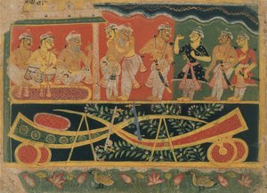 Nanda i Vasudeva: Strona z rozproszonej Bhagavata Purany..., ca. 1520-30. autorstwa Master of the Dispersed Bhagavata Purana.