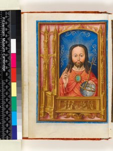 Iluminowany rękopis. Godzinki, folio 13 verso: Salve sancta facies, Chrystus jako Salvator mundi trzymający kulę i błogosławieństwo, bordiura architektoniczna ze świętymi w niszach i św. Weronika z Vernicle, 1510