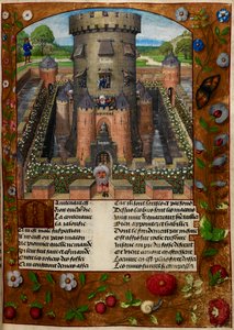 Bel Acueil (Uczciwe powitanie) uwięziony przez Jalousie (Zazdrość) w wieży strzeżonej przez żołnierzy, z „Le Roman de la Rose”