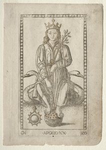 Apollo z Tarocchi, seria D: Apollo i muzy, #20, przed 1467. autorstwa Master of the E Series Tarocchi