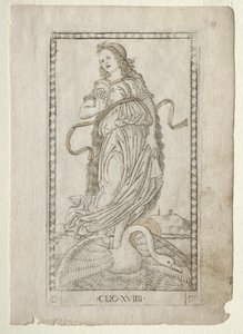 Historia Clio z serii Tarocchi D: Apollo and the Muses, #19, przed 1467. autorstwa Master of the E Series Tarocchi