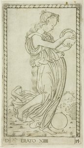 Erato, płyta czternasta z Apollo i Muz autorstwa Master of the E Series Tarocchi