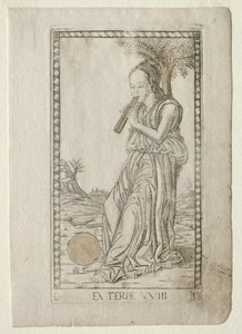 Muzyka Euterpe, liryka z serii Tarocchi D..., przed 1467. autorstwa Master of the E Series Tarocchi