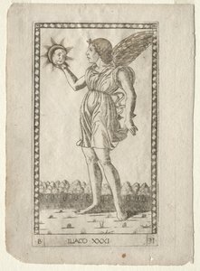 Geniusz Słońca z Tarocchi, seria B: Cosmic Principles & Virtues, #31, przed 1467. autorstwa Master of the E Series Tarocchi