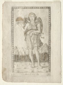Geniusz świata z Tarocchi, seria B: Cosmic Principles & Virtues, #33, przed 1467. autorstwa Master of the E Series Tarocchi