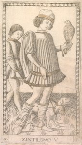 Dżentelmen z serii Tarocchi E: Uwarunkowania człowieka, #5, c. 1465. autorstwa Master of the E Series Tarocchi