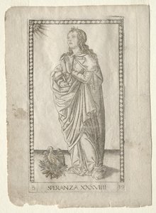 Nadzieja z Tarocchi, seria B: Cosmic Principles & Virtues, #39, przed 1467. autorstwa Master of the E Series Tarocchi