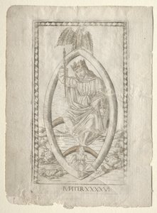 Jowisz z Tarocchi, seria A: Firmaments of the Universe, #46, przed 1467. autorstwa Master of the E Series Tarocchi