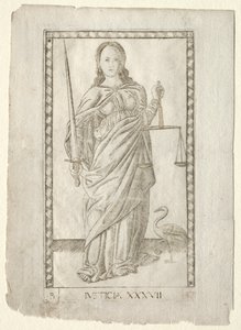 Sprawiedliwość z Tarocchi, seria B: Cosmic Principles & Virtues, #37, przed 1467. autorstwa Master of the E Series Tarocchi