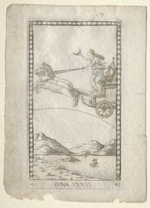 Luna z Tarocchi, seria A: Firmaments of the Universe, #41, przed 1467. autorstwa Master of the E Series Tarocchi