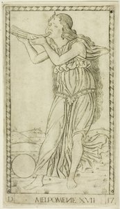 Melpomena, płyta siedemnasta z Apolla i muz autorstwa Master of the E Series Tarocchi