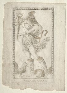 Merkury z Tarocchi, seria A: Firmaments of the Universe, #42, przed 1467. autorstwa Master of the E Series Tarocchi