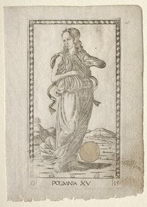 Polyhymnia (heroiczne hymny) (z serii D Tarocchi: Apollo i muzy, nr 15) autorstwa Master of the E Series Tarocchi