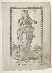 Hymny heroiczne polihymni z serii Tarocchi D..., przed 1467 r. autorstwa Master of the E Series Tarocchi