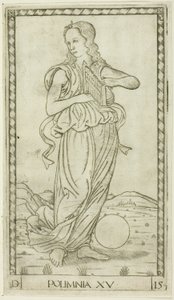 Polihymnia, płyta piętnasta z Apollo i Muz autorstwa Master of the E Series Tarocchi
