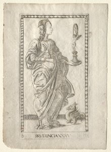 Roztropność z Tarocchi, seria B: Cosmic Principles & Virtues, #35, przed 1467. autorstwa Master of the E Series Tarocchi