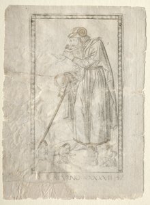 Saturn z Tarocchi, seria A: Firmaments of the Universe, #47, przed 1467. autorstwa Master of the E Series Tarocchi