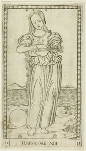 Terpsichore, płyta trzynasta z Apollo i Muz autorstwa Master of the E Series Tarocchi