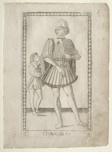 Rycerz z Tarocchi, seria E: Warunki człowieka, #6, przed 1467. autorstwa Master of the E Series Tarocchi