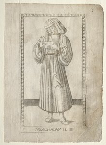 Kupiec z Tarocchi, seria E: Warunki człowieka, #4, przed 1467. autorstwa Master of the E Series Tarocchi