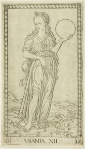 Urania, tablica dwunasta z Apollo i Muz autorstwa Master of the E Series Tarocchi
