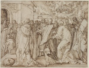 Przypowieść o hołdzie Pieniądze, c. 15801600. autorstwa Master of the Egmont Albums