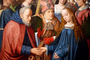 Muzeum Evory. Mistrz ołtarza Evora. Ślub Dziewicy i Józefa. Olej na desce. Szkoła flamandzka 1500. Portugalia.